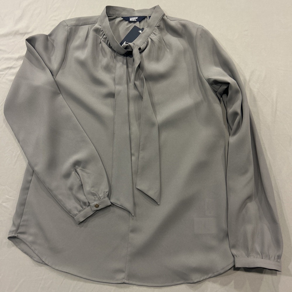 Lands' End‎ Gray Blouse Tie Neck Long Sleeve Top Career Size 4 90's Classic Soft
